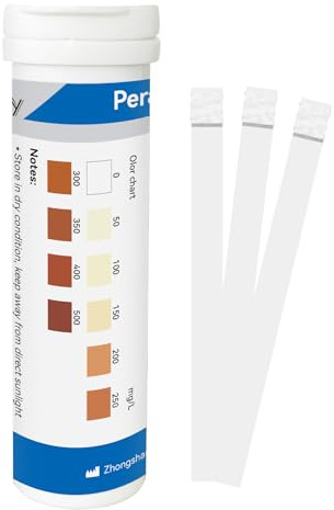 VANSUKY Tiras de prueba de ácido peracético 0–500 mg/L – 50 unidades – Análisis rápido y preciso para agua, alimentos, medicina, agricultura e industria