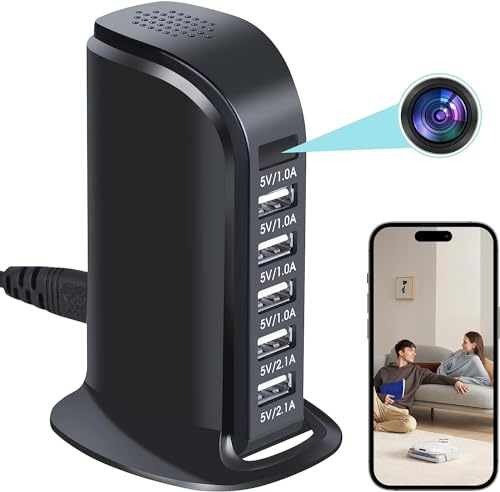 4K Cargador USB WiFi HD 1080P Oculta Mejorado Cámara espía de 5 Puertos, Enchufe inalámbrico, Mini cámara para vigilancia del hogar con detección de Movimiento Control Remoto