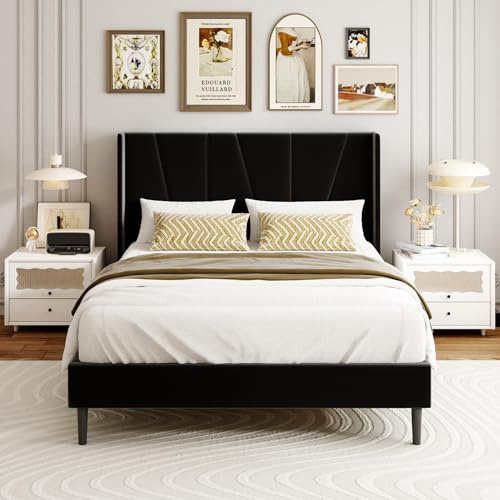 viplov Double Bed Frame with Headboard, Velvet Geometric Tufted Upholstered Platform Bed Frames, Contemporary Mattress Foundation, No Box Spring Needed, Noise Free, Easy Assembly, Black