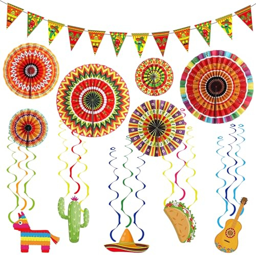 TOPJOWGA Mexikanische Party Dekorationen, 27PCS Papierfächer Pompons Dekorationen Mexikanisches, Hängende Girlanden, Papiergirlande Partygirlanden für Cinco De Mayo Taco Thema Geburtstag