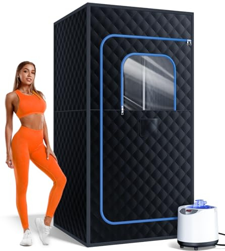pikulLA Sauna portable pour la maison, tente de sauna à vapeur portable personnelle avec chauffage vapeur 1200 W 3 L, 15 niveaux, télécommande, chaise pliable, grande taille confortable, 91,4 x 91,4 x