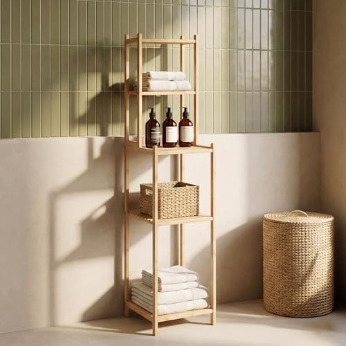 [en.casa] Badregal Anun Standregal 128 x 30 x 30 cm Nischenregal aus Bambus Badezimmer Regal schmal mit 4 offenen Ablagefächern Aufbewahrungsregal Natur