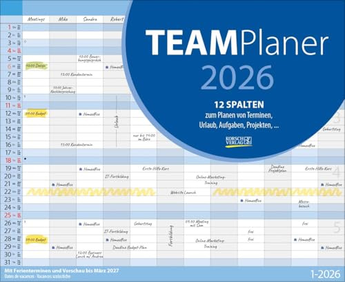 Teamplaner 2026: Officekalender mit Monatsüberblick. Format: 29,7 x 21 cm.