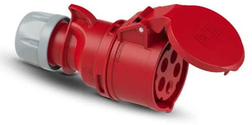 PCE 215-6 Shark CEE Kupplung 16A 5-polig 400V IP44/IP54 | Schlagfeste CEE Kupplungssteckdose 6h für Baustelle & Industrie, PA6 Kunststoff IK10, Schraubklemmen 1-2,5 mm², Rot