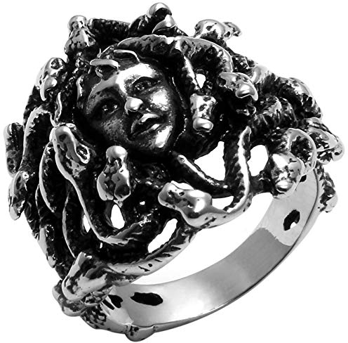 JewelryWe Schmuck Biker Ring für Damen & Herren, Edelstahl, Retro Griechische Mythologie Medusa Schlangen Behaarte Frau, Schwarz Silber