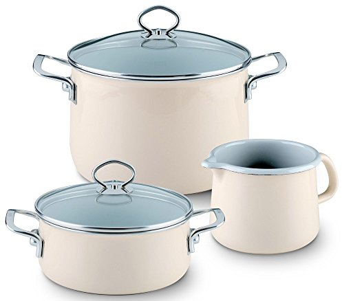 Riess, 0520-011, Starter-Set 3-teilig, NOUVELLE, AVORIO EXTRA STARK, bestehend aus: Fleischtopf 20 cm, Kasserolle 16 cm, Schnabeltopf 12 cm, Emaille, Topfset, Kochtopfset, Kochgeschirr