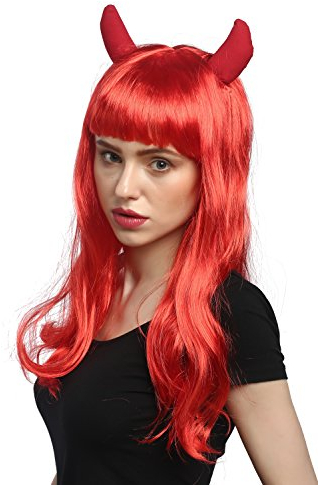 WIG ME UP - 90897-ZA13 Perücke Damen Karneval Halloween Lang Rot Hörner Horns Teufelin Pin-Up She-Devil Pony Retro Rockabilly 50 cm