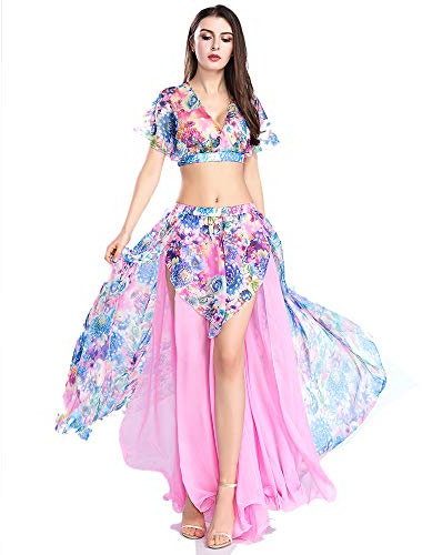 ROYAL SMEELA Bauchtanz Rock Bauchtanz Oberteil Anzug Sexy Bauchtanz kostüm Damen Performance Kleider Blumen Chiffon Tanzen Tops Röcke Tanz Outfit Set für Frauen Tanzkostüm Röcke Oberteil Tanzanzug
