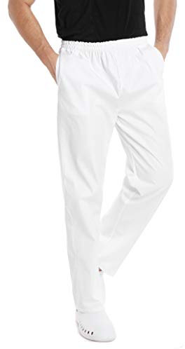 WWOO Uomo Pantalone da Lavoro Bianco Puro Cotone Pantaloni Opaco pantalaccio con Elastico Materiale Sottile S