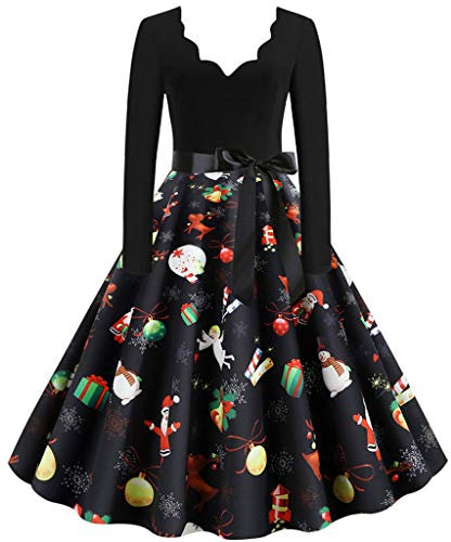 Susenstone Femme Robe De SoiréE Chic Vintage 1950'S Manches Longues Grande Taille Robe Femme Hiver Annee 50 Robe à Fleurs Noel Imprimé Sexy Col V Ceremonie Fete Robe Fille Cocktail (L, Noir-A)