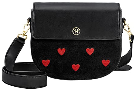 VICTORIA HYDE Damen Umhängetasche Kleine Schulterriemen Crossbody Bag Leder Schwarz Herzmuster Damentasche