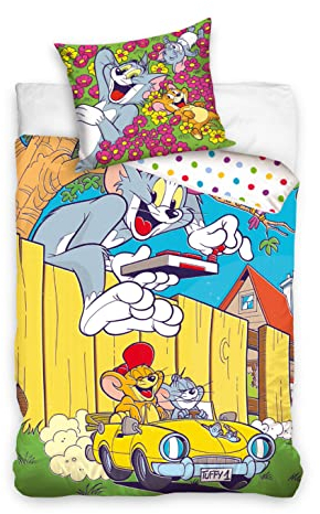 Fun Trading Tom & Jerry Bettwäsche Wendebettwäsche Set 2-teilig, 1 x Kissenbezug 80x80 + 1 x Bettbezug 135x200, Kinder Jugend Erwachsenen Bettwäsche, Tom und Jerry, 100% Baumwolle