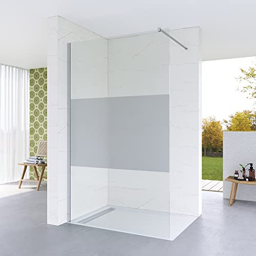 Duschwand Glas 100 x 200 cm Teilsatiniert Duschabtrennung Glas 8 mm ESG Duschtrennwand, Duschglaswand, Glaswand Dusche Walk in Dusche, Glastrennwand, Lotuseffekt Nano Beschichtung, 90° Stabilisator