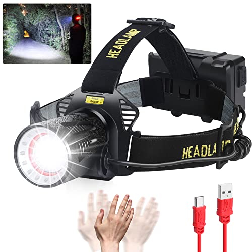 Stirnlampe, wiederaufladbar, 120.000 Lumen, superhelle Stirnlampe mit Bewegungsmeldern, 4 Modi, zoombar, Angeln, Radfahren (Batterien im Lieferumfang enthalten)