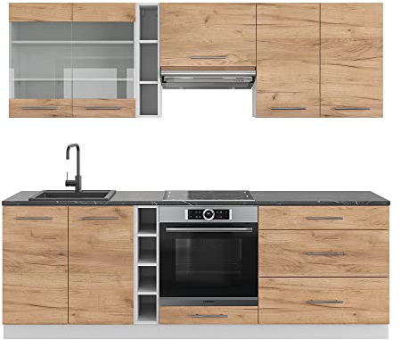 Vicco Küchenzeile Fame-Line, Goldkraft Eiche/Weiß, 235 cm ohne Arbeitsplatte