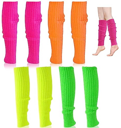 BNGXR Bein Stulpen Schweißband Set, 4 Stück 80er 90er Damen Beinwärmer Stulpen Legwarmers Neon Strümpfe Gestrickte Aerobic Kostüm Accessoires für Motto Party Fasching Karneval Tanzen