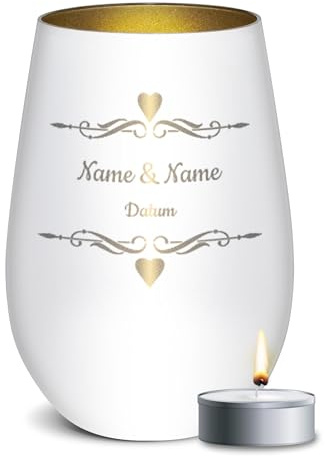 PR Print Royal Weißes Windlicht mit Gravur - Herz - mit Namen & Datum - Hochzeitsgeschenk, Geschenke zum Jahrestag, Valentinstag, Geburtstag | inkl. Teelicht, 450 ml, Innen Gold