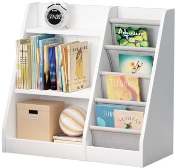 KEEPREAPER Kinderregal Montessori mit 4 Ablage und 3 offenen Fächern, Bücherregal für Kinder, Spielzeug-Organizer, 64x30x60cm (Weiß-kleinformat)