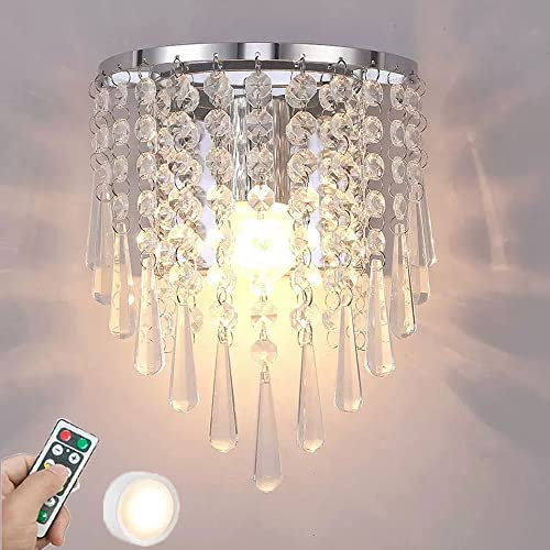 XLDZ Wireless Wall Lights with Remote Battery Operated Wall Sconces with Bedroom Luxury Crystal Wall Lighting Gold Chrome Cordless Battery Powered Wall Sconces for Living Room Hallway(Silver)
