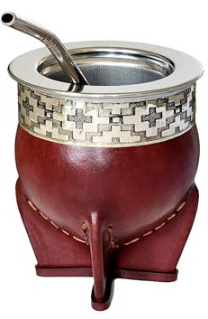 Taza Calabaza Moderna Mate Imperial Premium Argentino - Hecho de Acero Inoxidable Térmico - Exterior Cuero Marrón con Alpaca - Incluye Bombilla