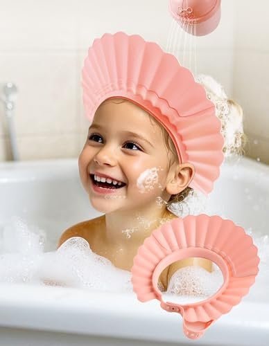 FUSACONY Kids Shower Cap, Baby Shampoo Cap, Visor Hat for Eye and Ear Protection, Baby Hair Washing Shield with 20-Size Adjustment for 6Month+ to Adult (Pink)