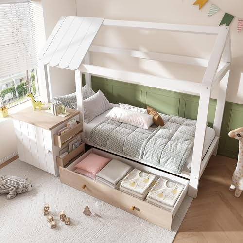 LAKFEW Bodenbett Kinderbett 90x200 cm mit Abnehmbarem Nachttisch, Hausbett Bett mit Stauraum Schubladen, Einzelbett Jugendbett mit Lattenrost, Kinderzimmer Möbel, Ohne Matratze, Eichenweiß