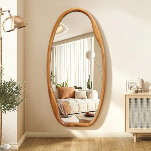 JJUUYOU Wandspiegel mit Holzrahmen, unregelmäßige Wandspiegel, 100 x 50 cm, asymmetrisch, dekorativ, vintage, für Badezimmer, Schlafzimmer, Wohnzimmer, Garderobe und Eingang, braun