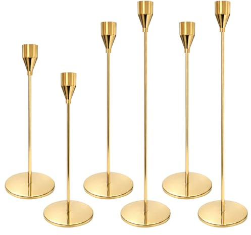 6 Stück Helles Gold Kerzenhalter Set, 32/27/22cm Metall KegelKerzenleuchter Vintage, Hochzeit Kerze Stand Kerzenständer Gold, Kerzenständer Stabkerzen für Esstisch Wohnzimmer