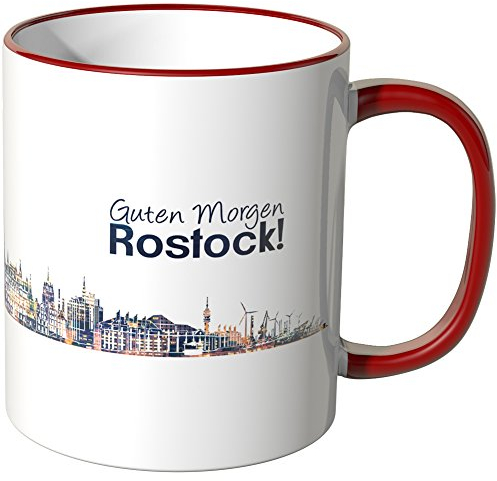 WANDKINGS® Tasse, Schriftzug Guten Morgen Rostock! mit Skyline bei Nacht - ROT