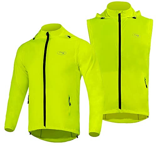 Dooy Men's Cycling Jacket Removable High Visibility Biking Windbreaker(Yellow, L)