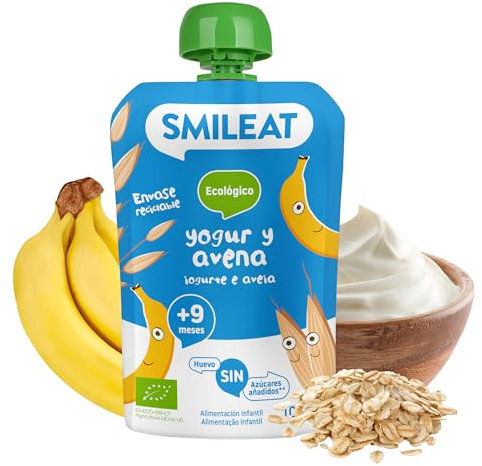 Smileat - Pouch de Frutas Ecológicas - Sin Sal ni Azúcar Añadido, Sin Gluten - Snack Práctico para Peques - Sabor a Yogur Avena