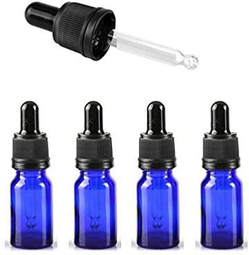 ZEOABSY 4 Pack, 10ml Empty Blue Glass Dropper Bottles with Glass Pipettes, Tamper-evident screw cap for Essential Oil Aromatherapy Blends Cosmetic Elite Fluid Container, 1x funnel