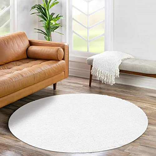 carpet city Shaggy Hochflor Teppich - Rund 120 cm - Weiß - Langflor Wohnzimmerteppich - Einfarbig Uni Modern - Flauschig-Weiche Teppiche Schlafzimmer Deko