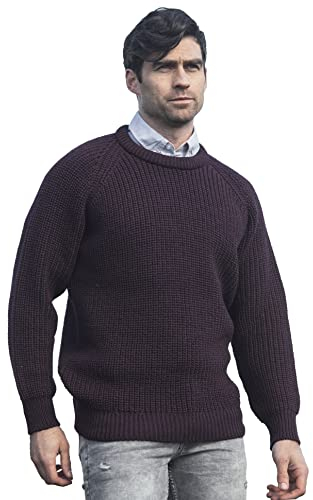 Aran Crafts Herren Fisherman Irish Rib Crew Neck Wool Sweater, Damson, X-Large