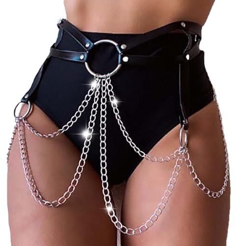 Flovel Punk Leder Körperketten Schwarz Geschichtete Taillenkette Kette Rave Sexy Körperzubehör Schmuck für Frauen