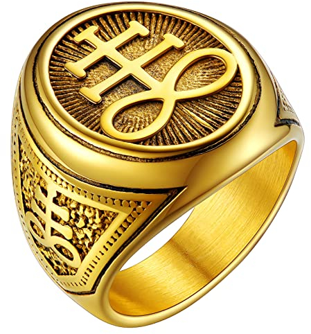 FaithHeart goldener Leviathan Kreuz Ring für Herren Männer Satanic Leviathan Bandring Satanic Fingerring Punk Biker Bandring mit Geschenkebox für Paar Pärchen