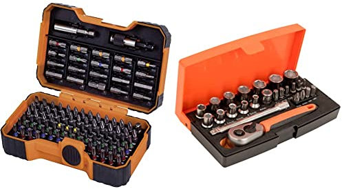Bahco BH59/S100BC 100 Pcs Bit Set for Slotted, Phillips, Pozidriv, Hexagon, Robertson nd Coloured TORX,TORX Tamper, Head Screws & SL25 Ratchet Socket Set, Metric 1/4 Drive, 25 Pieces