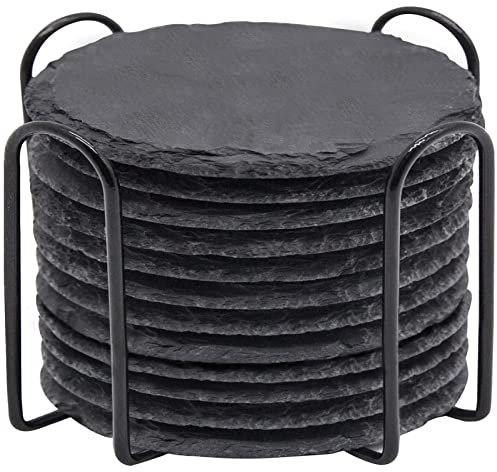 WEWINK PLUS Lot de 12 dessous de verre avec support en ardoise de 10,2 cm - Dessous de verre ronds en pierre noire avec dos anti-rayures pour bar, bricolage, cuisine, décoration d'intérieur