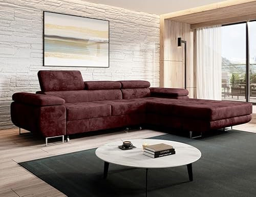 MODERNO Ecksofa mit Schlaffunktion und Bettkasten NORBERG - Sofa mit 3 Sitzen und Robusten Überzug - Schlafcouch L-Form - Modern Couch 72x279x205 cm - Ecke Rechts Weinrot