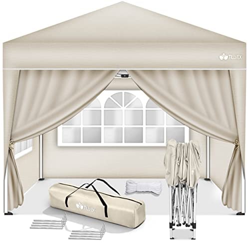 tillvex Gazebo 3x3m impermeabile | Gazebo pieghevole pop-up regolabile in altezza | Tenda da giardino protezione UV 50+ | Tenda Padiglione con borsa (Beige- con 4 Laterali)