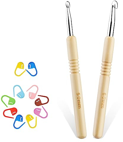 2 Stück Häkelnadeln, 5,0 mm–6,0 mm Häkelnadel-Set, Häkelnadel-Set für Anfänger, ergonomische Holzgriffe zum Häkeln mit Maschenmarkierern für Anfänger DIY-Stricker Häkelgarn