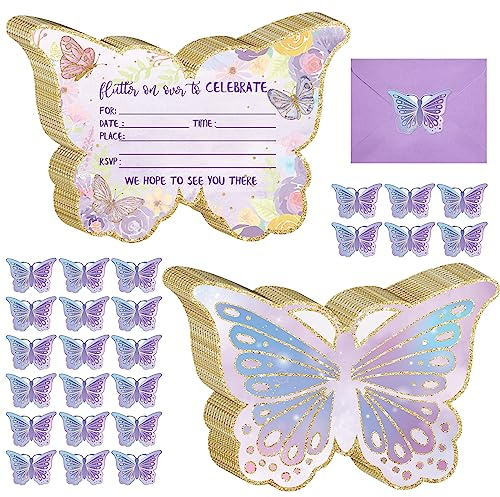 Hotop 24Sets Butterfly Birthday Invitation with Envelope & Sticker for Girl
