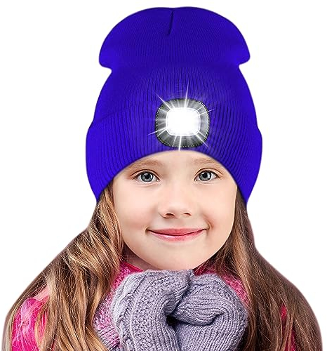 SPGOOD Mütze mit Led Licht Kinder,Led Mütze für Jungen und Mädchen,USB Wiederaufladbare LED Beleuchtete Beanie Mütze mit Licht,Winter Wärmer Haube mit LED Licht(Blau)