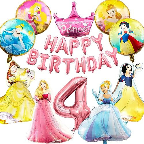 Prinzessin Geburtstag Deko 4 Jahre, Geburtstagsdeko Mädchen, Folienballon Geburtstag Peach Luftballons, Birthday Decorations, Rosa Prinzessin und Runde Folienballon Set, Geeignet Altes Mädchen