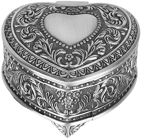 Xnferty Luxuriöse Vintage-Schmuckschatulle aus Rechteckiger Metalllegierung, Antike Schmuckschatulle aus Metall in Herzform, Legierung, Vintage-Herz-Schmuckkästchen, Leichter(Antikes Silber)