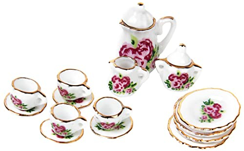 Service à thé miniature en porcelaine 15 pièces pour maison de poupée avec motif rose chinoise