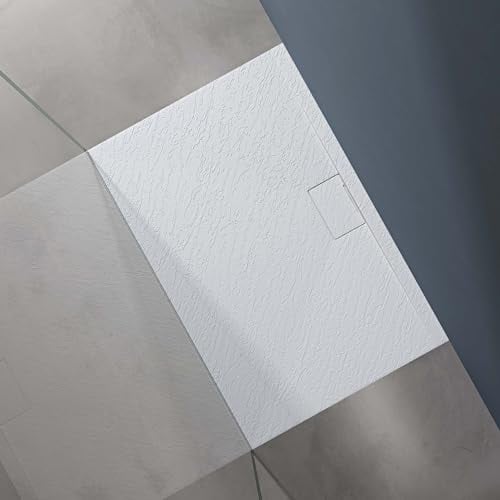 doporro Duschtasse Duschwanne 80x120x3 flach Mineralguss in Weiß DIN-Anschlüsse für bodengleiche Montage geeignet Geoma07