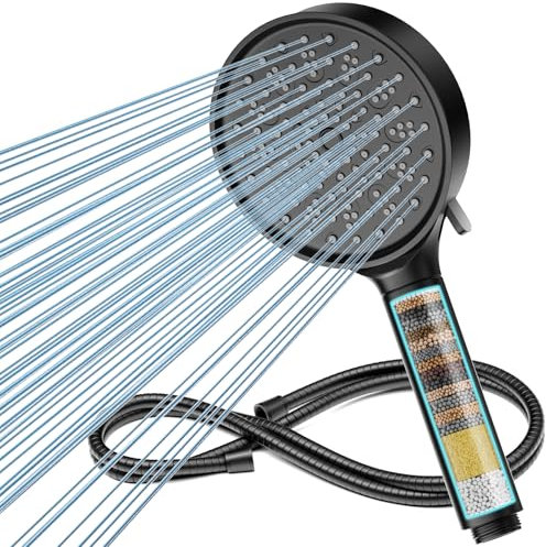 Pommeau de Douche Anti Calcaire avec Tuyau, Cobbe Pommeau de Douche avec 20 Étapes Filtre, Pommeau Douche Haute Pression avec 6 Types de Jets, Économie Deau Pommeau Douche Noir