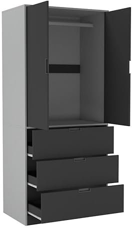 URBNLIVING 2 Door 3 Drawer Black White Oak Grey Modern Wardrobe Furniture with Clothes Hanging Rail Storage Shelf for Home Bedroom Organiser Unit H180cm x W80cm x D50cm