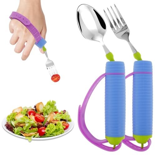 Adaptive Utensils Spoons Forks Set with Nonslip Handle and Adjustable Silicone Strap 360° Rotatable Disabled Eating Aid Easy Grip Spoon Fork Holder Stainless Steel Utensils for Elderly, Disabled